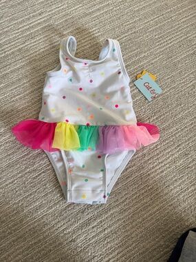 Cat & Jack White Polka Dot Swimsuit with Rainbow Tulle Skirt